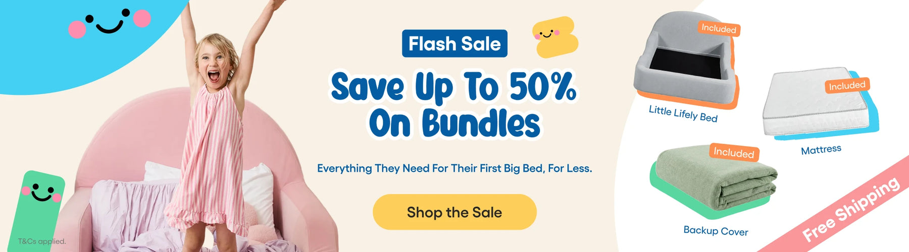 Promotional banner for a bedding bundle featuring a young girl in a pink dress jumping on a pink bed, alongside product images of a mattress, bedding cover, and pillowcase with text overlays like 'Flash Sale' and 'Save Up To 50% On Bundles'.