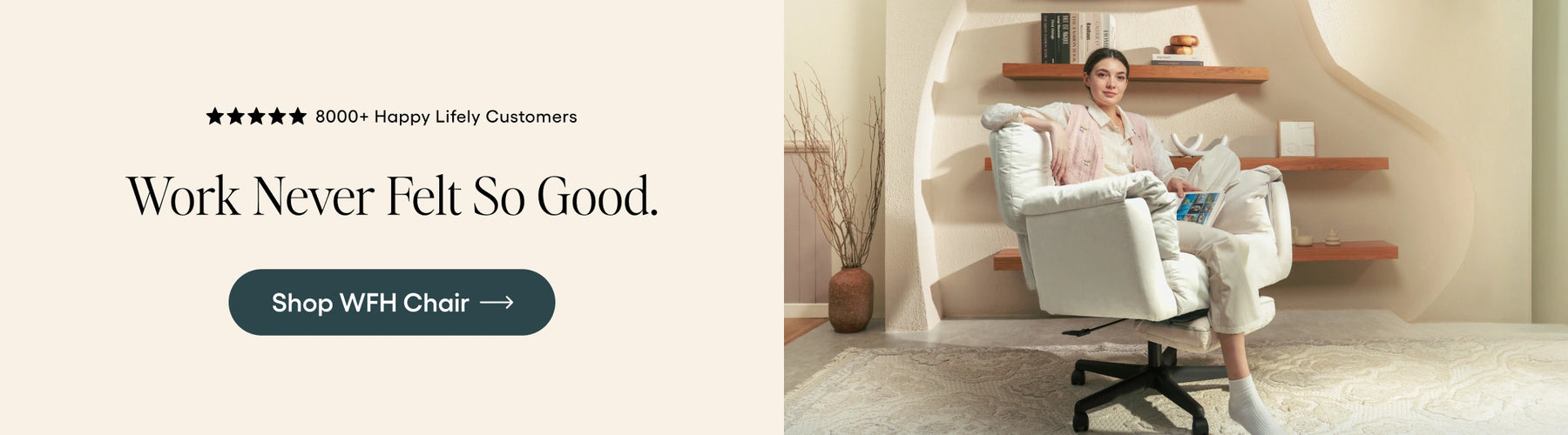 Person sitting in a white office chair with a shelf and plant in the background, promoting a work-from-home chair.