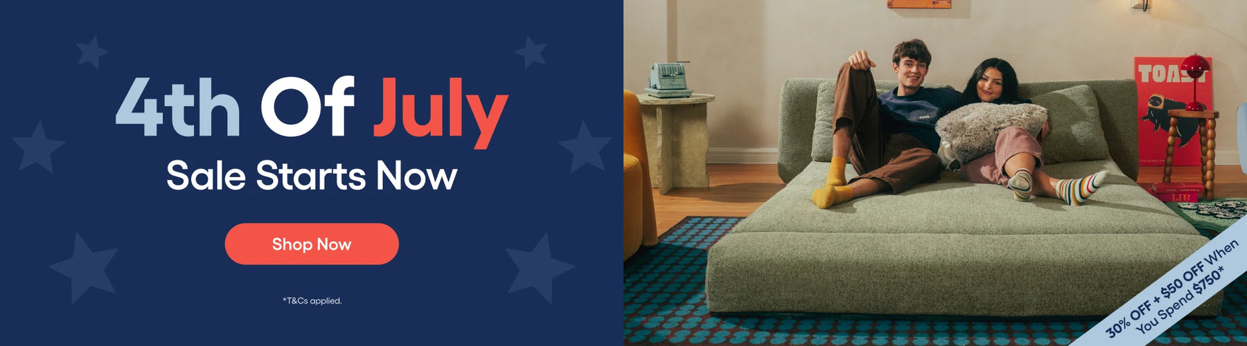 Promotional banner for a 4th of July sale with a couple on a couch in a living room.