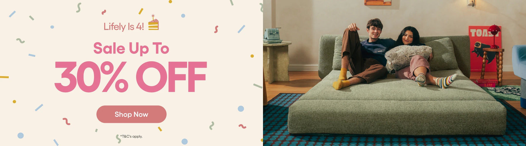 Promotional banner featuring a large pink sale text block on the left reading 'Lifely is 41! Sale Up To 30% OFF' with a 'Shop Now' button, alongside a lifestyle photo of a couple relaxing on a green modular sofa in a living room on the right.