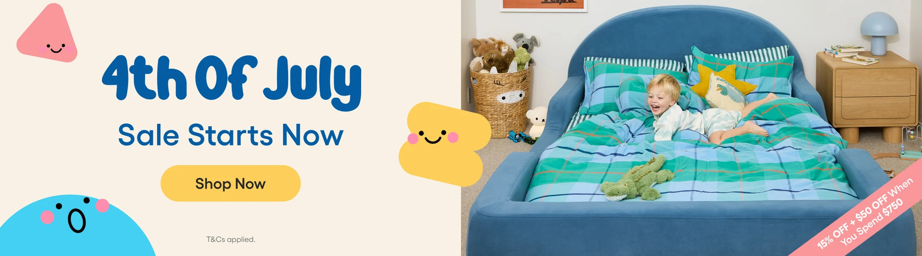Children's bedroom with blue bed and '4th of July Sale Starts Now' text.