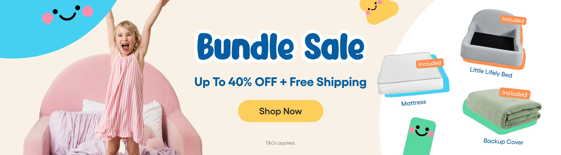 Promotional banner for a bedding bundle sale, featuring a young girl in a pink dress standing on a pink bed, alongside product thumbnails for a mattress, bedding set, and backup cover, with text reading 'Bundle Sale' and 'Up To 40% Off + Free Shipping'.