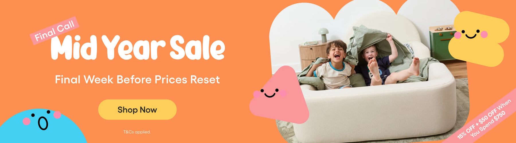 Promotional banner for a mid-year sale with children on a couch and colorful text.