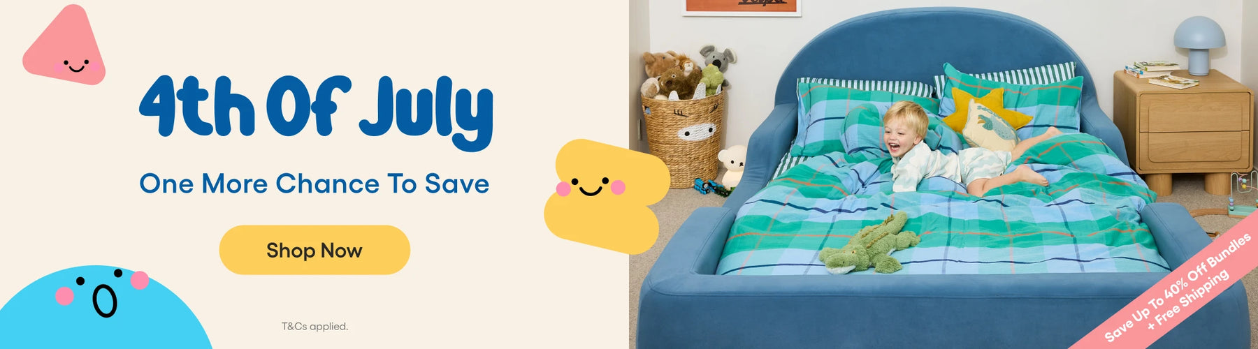 A promotional banner for a children's bedding set. The left side features a light beige background with the text '4th Of July' in blue, 'One More Chance To Save' in black, a yellow 'Shop Now' button, and cartoon graphics.