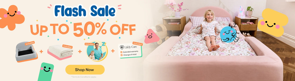 A promotional banner for a children's bed featuring a young girl sitting on a pink bed with a floral-patterned sheet. The left side has large text reading 'Flash Sale UP TO 50% OFF' with cartoon graphics and small product icons, while the right side shows the bed in a styled bedroom setting.