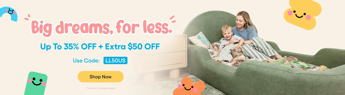 Promotional banner for a large green upholstered daybed or sofa bed with a woman and child sitting on it, alongside text offering up to 35% off and extra $50 off, plus cartoon cloud and smiley face graphics.
