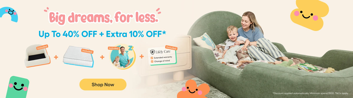 Promotional banner for a baby changing table and diaper pail set, featuring a woman and baby sitting on a green changing couch on the right, alongside product cutaway illustrations and text offering up to 40% off and extra 10% off.