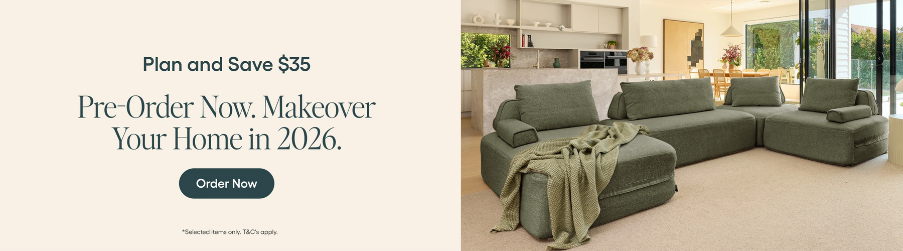 Green sectional sofa in a living room with promotional text for pre-ordering home makeover services.