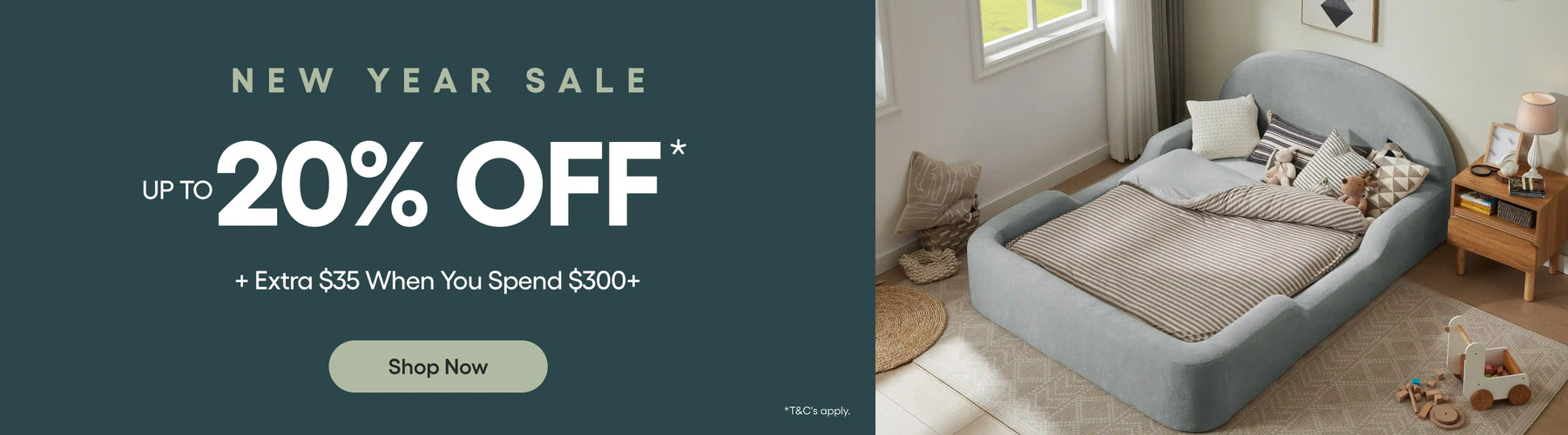 Promotional banner for a new year sale with a bed and room decor.