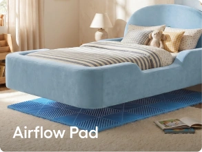 A light blue upholstered bed frame with striped bedding and pillows, shown in a bedroom setting with a blue airflow pad underneath. The words 'Airflow Pad' are overlaid at the bottom left.