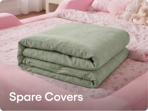 A folded sage green quilted spare cover displayed on a pink patterned bed, with the text 'Spare Covers' overlaid at the bottom left.