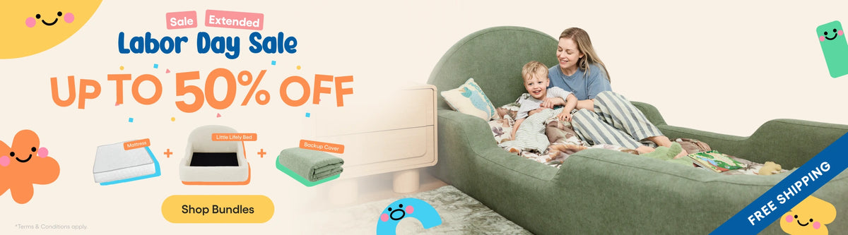Promotional banner for a Labor Day Sale featuring a woman and child relaxing on a green upholstered sleeper sofa bed. The left side includes sale text reading 'Labor Day Sale', 'UP TO 50% OFF', and small product bundle graphics, while the right side shows the sofa in a styled home setting.
