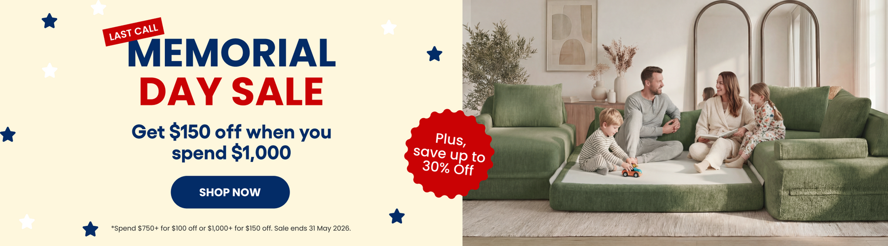 Memorial Day sale advertisement with a family on a green couch in a living room.