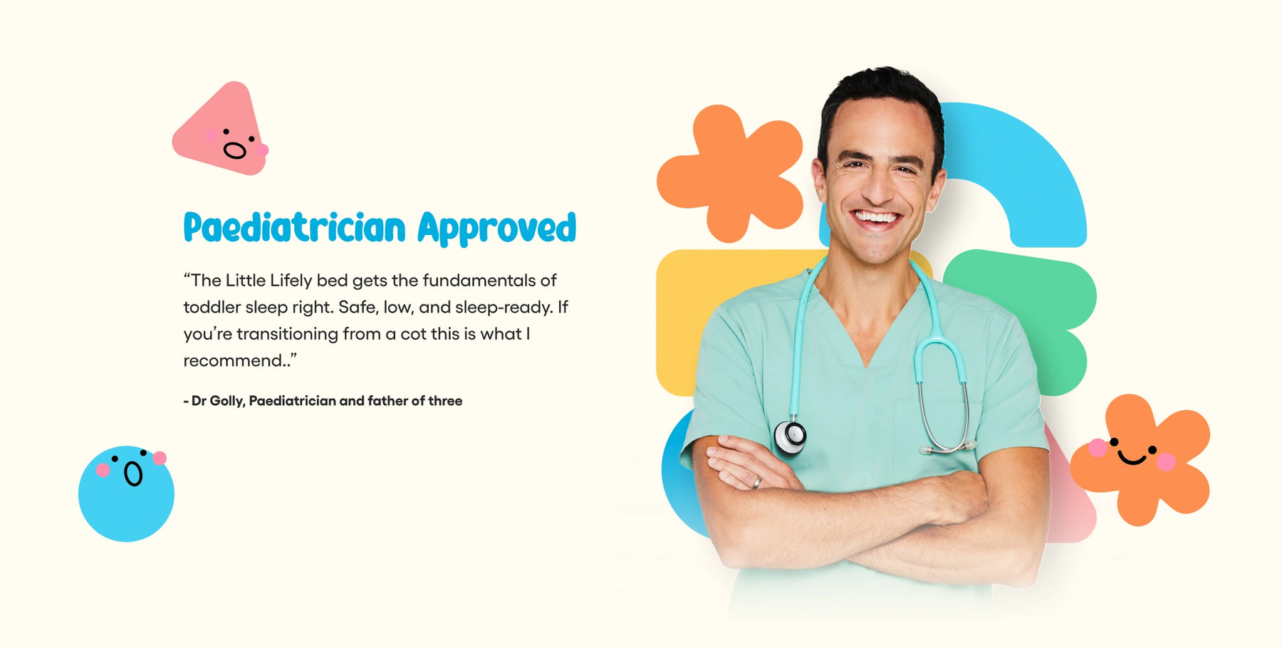 Doctor with a stethoscope surrounded by colorful graphics and text about paediatrician approval.