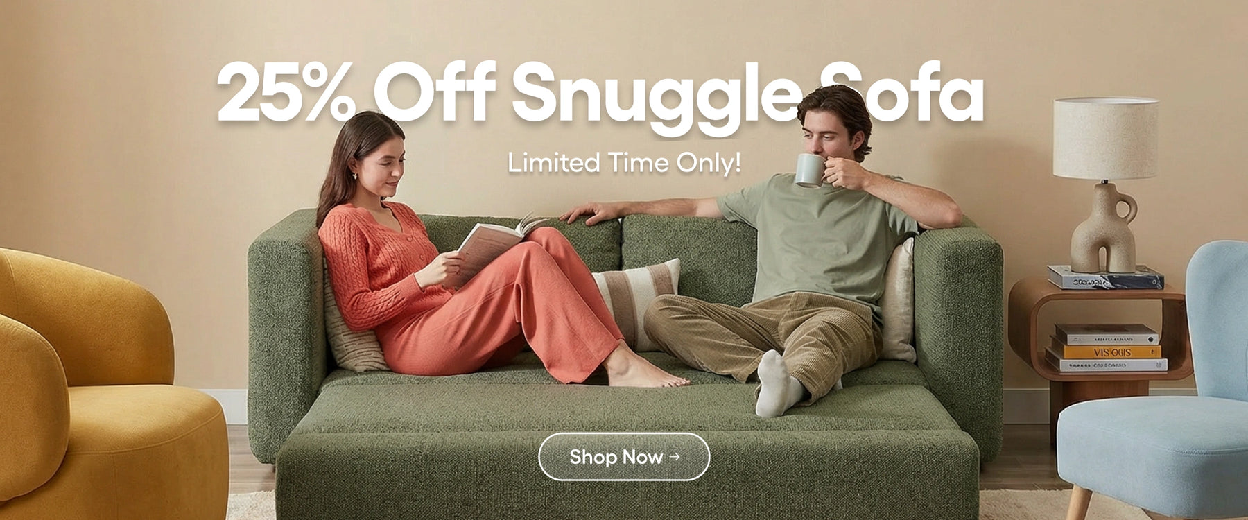 Couple sitting on a green sofa with promotional text for 'Snuggle Sofa' discount.