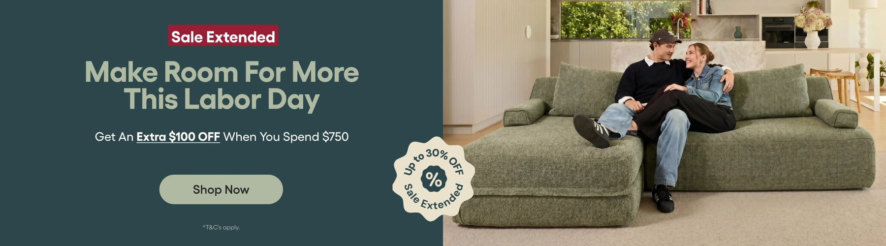 A promotional banner for a large chaise lounge sofa. The right side shows a man and woman sitting on the green textured chaise lounge in a living room setting.