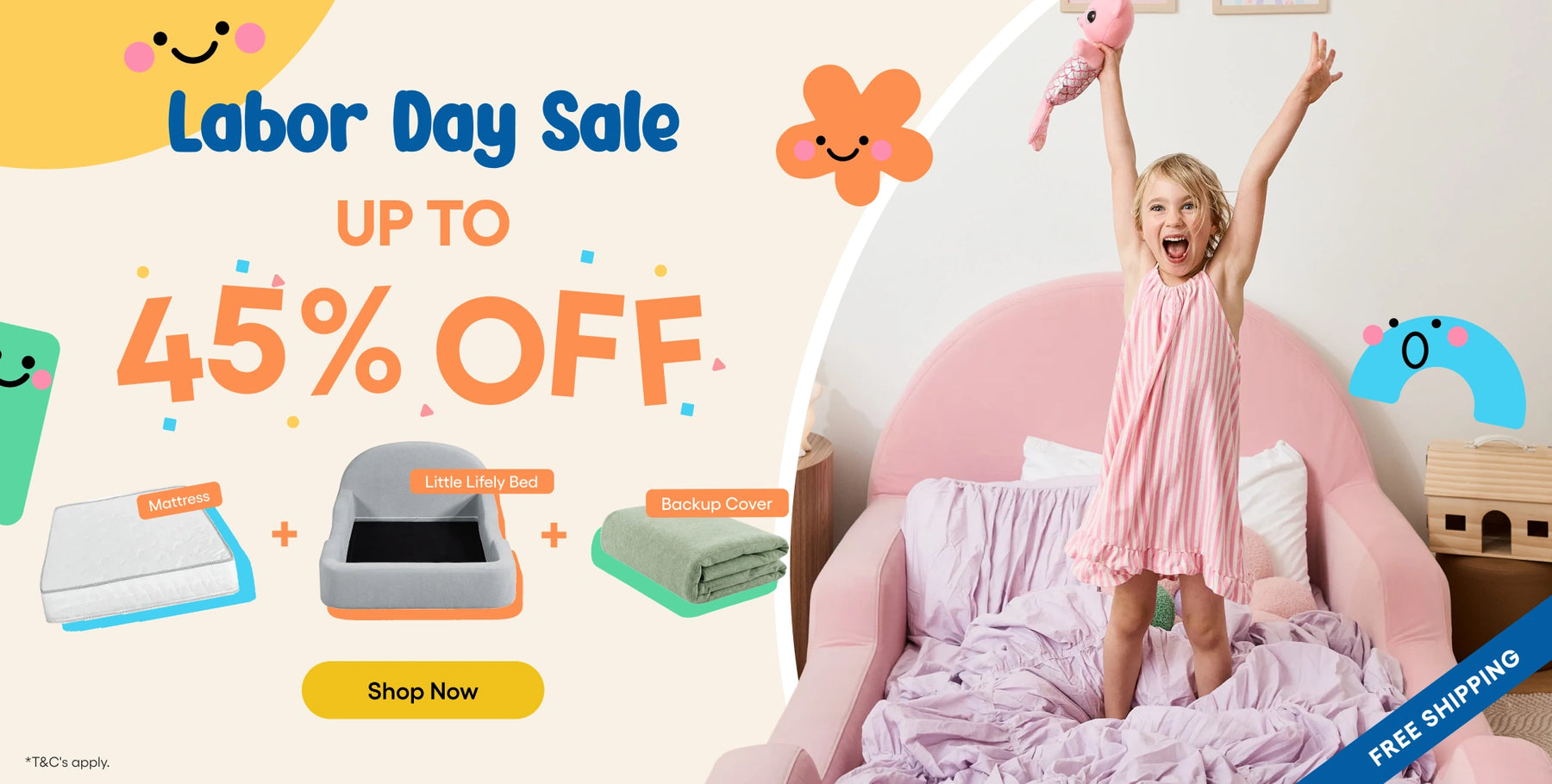 Labor Day Sale promotional banner with text reading 'Labor Day Sale', 'UP TO 45% OFF', and 'FREE SHIPPING'. The left side shows illustrated pet bedding products and a yellow 'Shop Now' button.