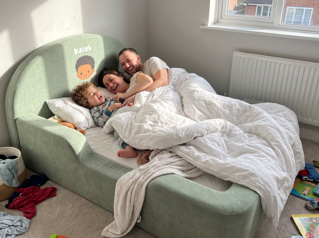 Personalised green Little Lifely bed being enjoyed by a family
