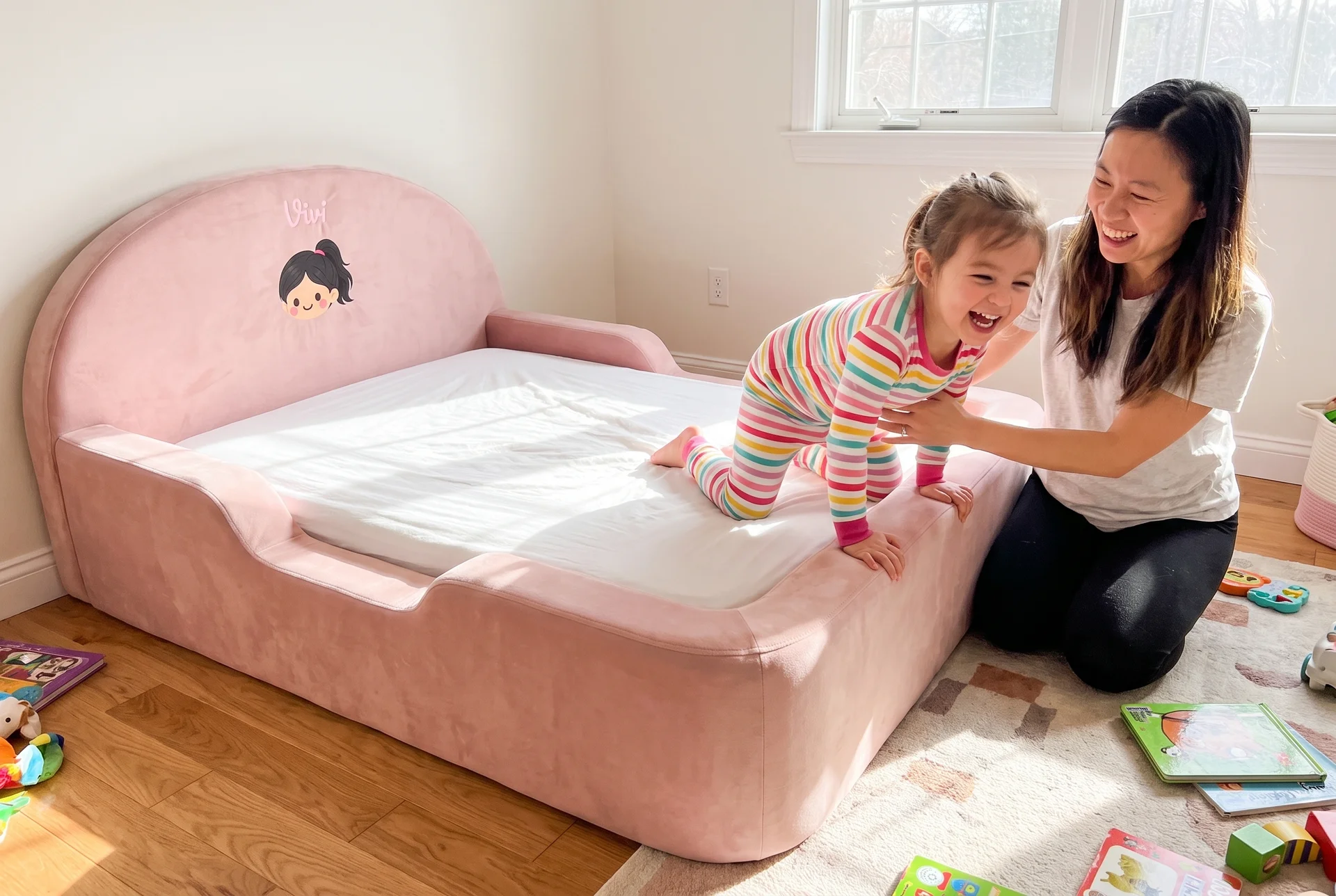 Personalised pink Little Lifely bed with child and parent